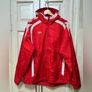 Umbro Mans Large Red/White Hooded Full Zip Windbreaker Lined Jacket